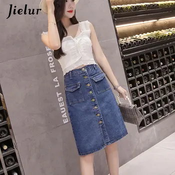 Jielur Visoko Pasu Denim Krila Plus Velikost Gumbi Žepi Classic Jeans Krilo za Ženske S-5XL Moda korejski Elegantno Jupe Femme