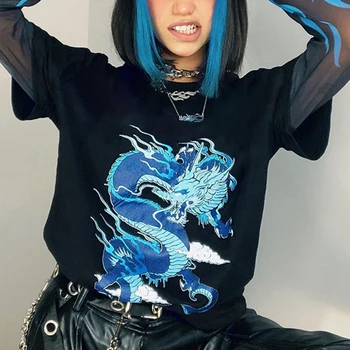 Modra Požara, Plamen Tiskanja Ženske Tshirt Y2K Harajuku Dolg Rokav T-shirt Dame Mozaik Zmaj Ženski Gothic Tee Majica