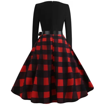 Ženske Kariran Tiskanja Pozimi Obleko Črne Long Sleeve Vintage Božično zabavo Pin up Rockabilly Obleko Haljo Femme Plus velikost S~3XL
