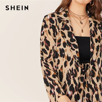 SHEIN Plus Velikost Leopard Tiskanja Zarezo Ovratnikom Jopič in Obavijen Hlače 2 Delni Set Ženske Jeseni Priložnostne Glamurozno Dve Delni Set