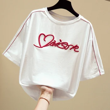 Vezenje Pismo Plus Velikost T Shirt Svoboden Womens Vrhovi 2020 Bombaža Ženske T-Shirt Kratek Rokav Vrhovi Korejskem Slogu Tee Shirt Femme