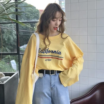 T-shirt Femme korejski Ulzzang Harajuku Priložnostne Pisma Natisnjena Dolg Rokav T-majice Za Ženske Svoboden O-vratu Rumeno Tshirt Vrhovi