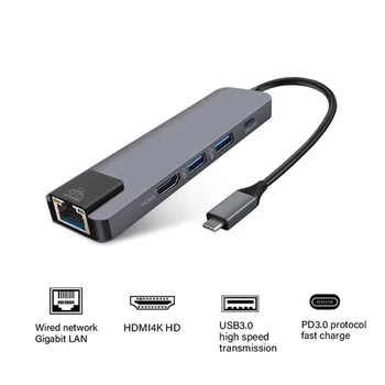 Tip C-HDMI-USB 3.0 Hub Moč Dostave Praktično Gigabit Ethernet Aluminijeve Zlitine Prenos Podatkov Izhodna Vrata