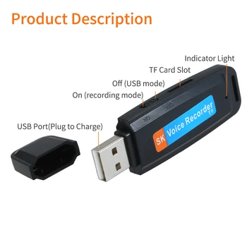 Mini Prenosni USB Snemalnik Polnilna U-Disk Diktafon Eno-Gumb za Snemanje Skladiščenje 1-32 G TF Kartice za Sestanek
