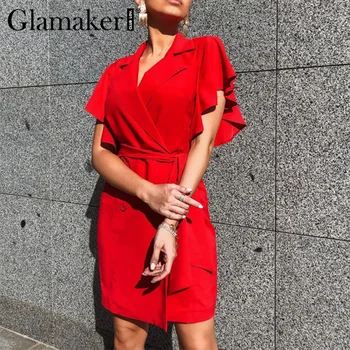 Glamaker Ruffle elegantna zarezo seksi obleko za ženske rdeča kratek rokav urad ženski blazer, obleke, elegantne stranka klub mini obleka 2020