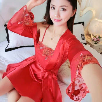 Gospa 2PCS Mirovanja Nastaviti Rdeče Kimono kopalni plašč Obleke 2021 Novo Nightgown Svilnato Nighty&Haljo bo Ustrezala Seksi More Intimno Perilo, Homewear