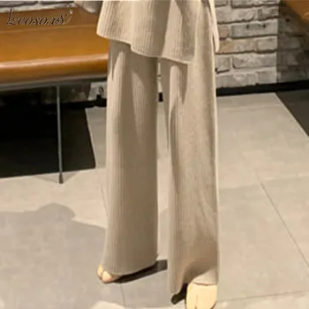 2021 Nove Modne Zimske Ženske Zgostitev Toplo Pleteni Pulover Pulover dvodelne Obleke +Visoko Pasu Svoboden Širok Noge Hlače Komplet