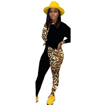 Leopard Natisniti 2 Kos Obleke za Ženske, O Neck Majica z Dolgimi rokavi in Fitnes Hlače Sweatsuits Priložnostne Barvo Ujemanje določeno
