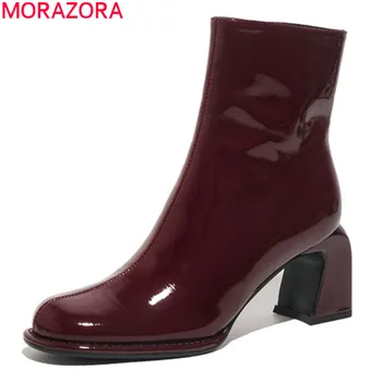 MORAZORA 2020 Nove vroče prodajo modne ženske škornji pravega usnja čevlji, debele visokih petah kvadratni toe jeseni, pozimi škornji