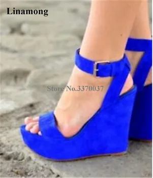 Ženske Nove Modne Antilop Usnja Visoko Platformo Klin Sandale Modra Gleženj Modri Trak Višine Povečane Obremenitve Sandala Obleko Čevlji