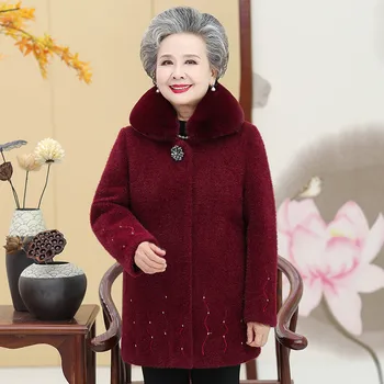 Ženska Zimska Parkas 2019 Stari Ljudje striženju Ovac Fur Coats Dolgo Toplo Debel Bombaž Jopiči Babica Suknji Plus Velikost 5XL 1620