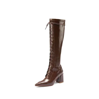 MORAZORA 2020 Nov prihod ženske škornji debele visokih petah konicami prstov zimski čevlji, modni čipke vrh kakovosti kolena visoki škornji