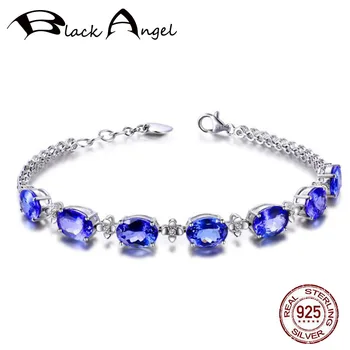 Moda 925 Sterling Silver Zapestnice Za Ženske Z Ovalnim Sapphire Blue Gemstone, Fine Nakit Svate Darilo Dropshipping