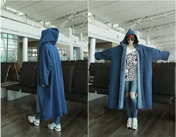 Brezplačna Dostava 2019 Nov Modni Svoboden Naravnost Hooded Vrhnja oblačila za Ženske Dolgo Maxi Plus Velikosti S-XL, Modra denim Jesen Pomlad Plašč