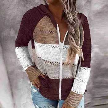 2020 Jeseni Ženske Prugasta Puloverji Moda Mozaik Proti-Vrat Zadrgo Jopico Vrh Gospe Priložnostne Long Sleeve Hooded Pleteni Pulover
