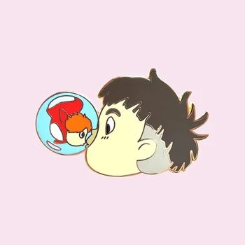 Srčkan Ponyos Sousuke Poljub Težko Emajl Pin Moda Risanka Pastelnih Živali Zlato Broška Ponyo na Cliff Anime Film Navijači Darilo