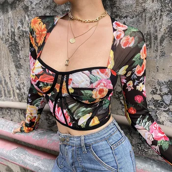 Hirigin nove modne Ženske ulica cvjetnim natisne priložnostne kratek vrhovi ženski cvet dolg rokav bluze za ženske v-izrez srajce