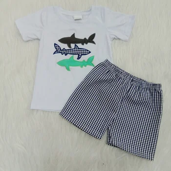 2020 poletni otroški butik oblačila baby fantje Shark vezenje vrh Seersucker hlače obleko organskih otroci modi določa